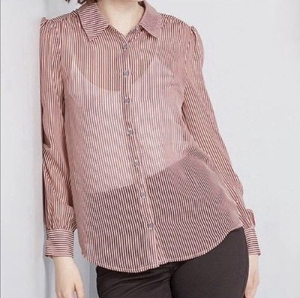 ModCloth Burgundy Red & Cream Striped Sheer Button Up Blouse Shirt Women’s Lg